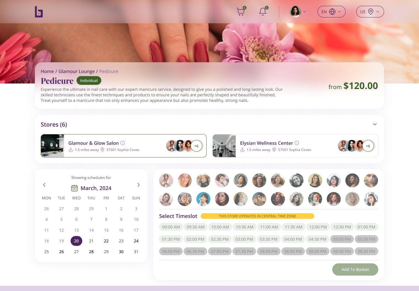 Service page: pick a store, date and time