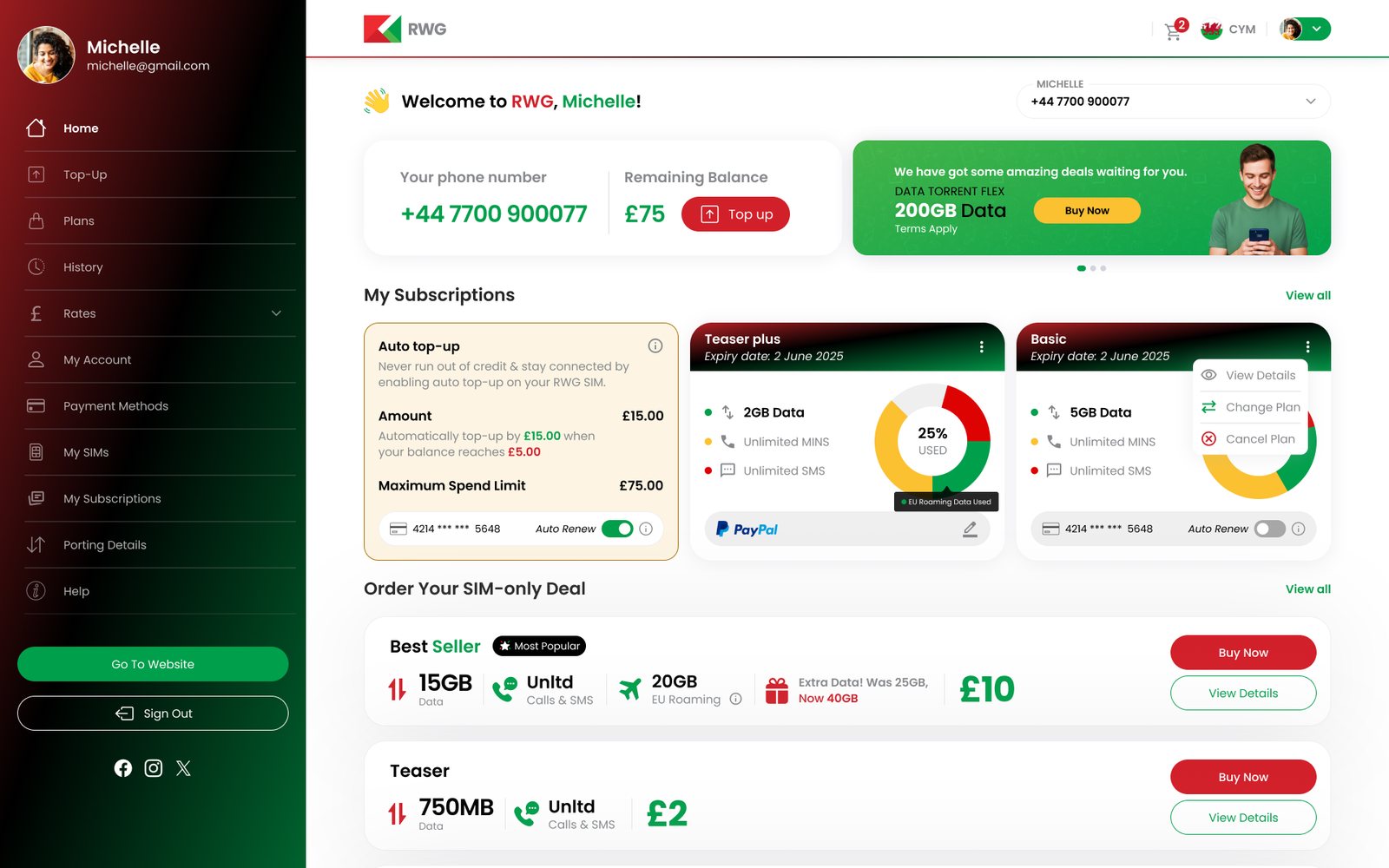 Dashboard: balance, subscriptions and deals