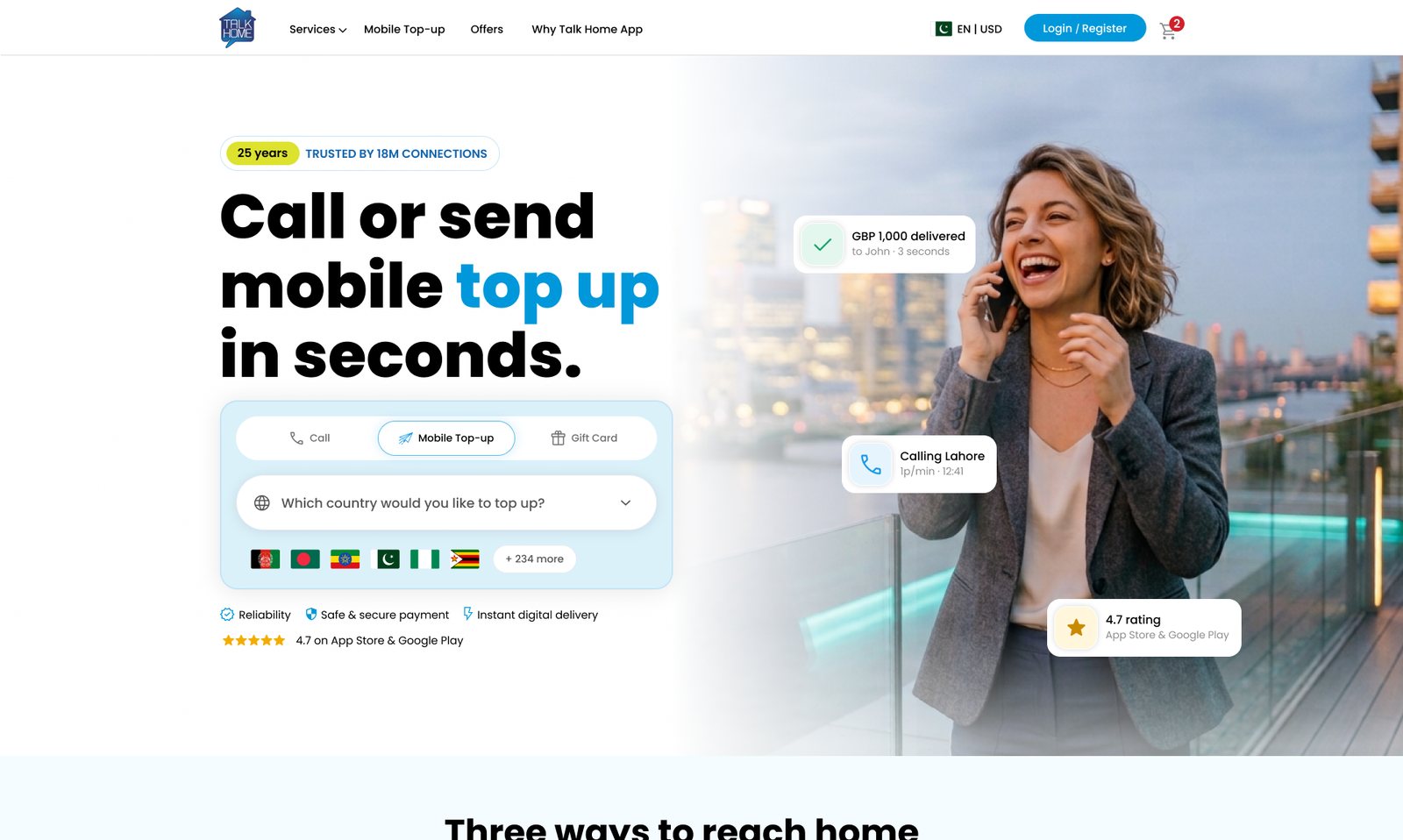 Talk Home Mobile homepage