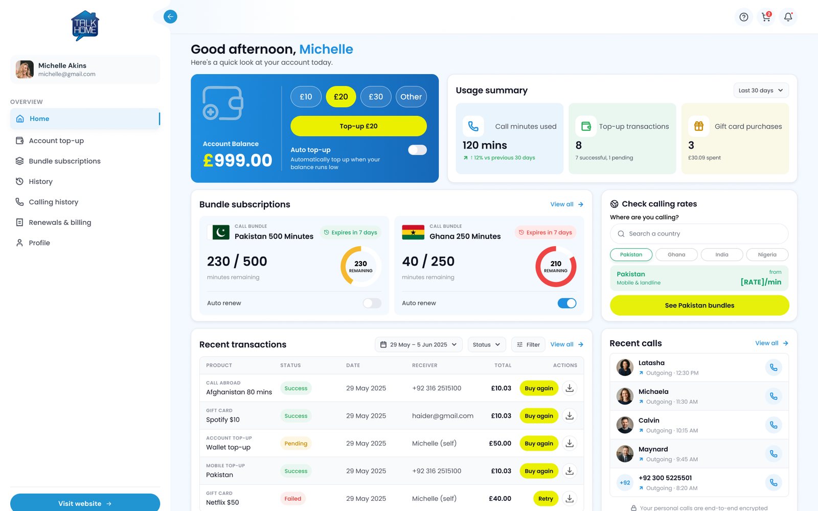 Dashboard: balance, bundles, transactions